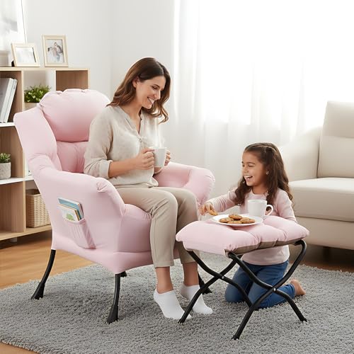 Welnow Lazy Chair with Ottoman, Reading Chair with Footrest，Pink | A Side Pocket,Armrests,Foldable Footrest,Thick Cushioned Seat & Backrest, Lounge Chair for Bedroom,Living Room & Small Space - color: Pink