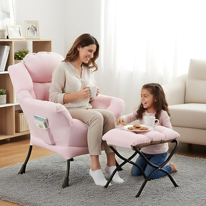 Welnow Lazy Chair with Ottoman, Reading Chair with Footrest，Pink | A Side Pocket,Armrests,Foldable Footrest,Thick Cushioned Seat & Backrest, Lounge Chair for Bedroom,Living Room & Small Space - color: Pink