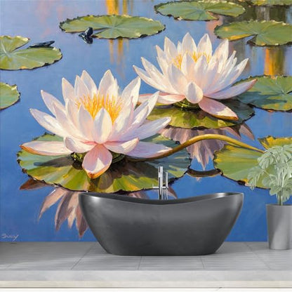 Custom Wall Mural Wallpaper White Water Lilies and Lily Pads Removable SelfAdhesive Large Photo for Living Room，Bedroom，Office