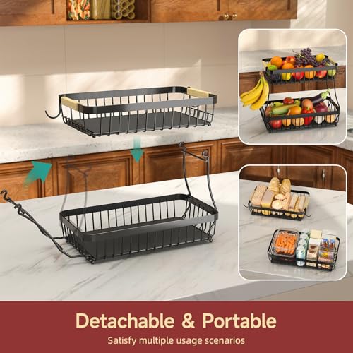 2-Tier Fruit Basket with Banana Hangers, Detachable Metal Bowl | Wooden handle, protective mats included. Versatile holder for bread, snacks, and veggies. Extra Large 2 tier metal design. - color: Black, size: 2 Tier Extra Large