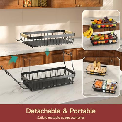 2-Tier Fruit Basket with Banana Hangers, Detachable Metal Bowl | Wooden handle, protective mats included. Versatile holder for bread, snacks, and veggies. Extra Large 2 tier metal design. - color: Black, size: 2 Tier Extra Large