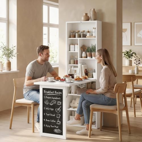 HOMCOM Foldable Convertible Writing Table Space-Saving Computer Desk White | Wall Mounted Design, Chalkboard, Storage Shelves, for Small Spaces, Home Office, Bedroom, Dorm, Apartment - color: White