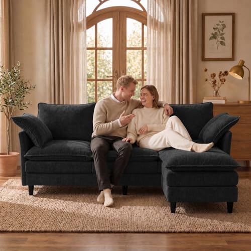 Convertible Sectional Sofa, 69" Small Cloud L-Shaped 3-Seat Couch with Movable Ottoman & Curved Armrest, Modern Chenille Fabric for Living Room, Apartment and Small Space, Black - color: Black, size: 3-Seat with Ottoman