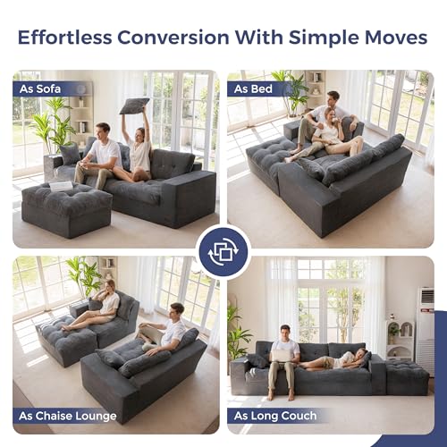 MAXYOYO Boneless Couch, 104-Inch L-Shaped Cloud Couch with Ottoman | Dark Grey Upholstered Sofa Features Layered Cushions and Flexible Modules with No Assembly, Ideal for Modern Living Rooms. - color: Dark Grey, size: 104" L Shape