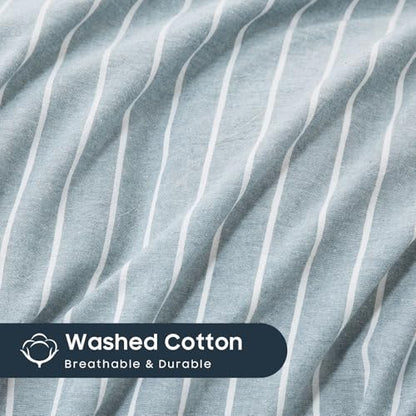Wake In Cloud - Striped Cotton Duvet Cover Set, Ticking Stripe Vertical Pinstripe Farmhouse, 100% Washed Cotton Textured Bedding Set, 3 Pieces, Blue, Full Size - color: Blue, size: Full