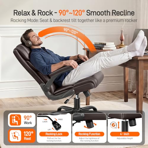 Office Chair, Executive Mid-Back Computer Desk Chair with Flip-up Armrests | 300 Lbs Ergonomic Leather Swivel PC Chair with Rock Function for Working Studying (Coffee) - color: Coffee