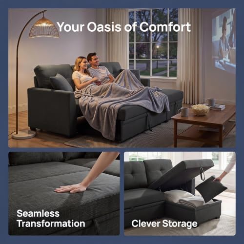 L Shape Queen 3-Seat Pull Out Sleeper Sofa Bed with Storage, Black | Convertible Sofa Bed, L Shape Sleeper Sofa wit, Reversible Storage Chaise, Tufted Fabric,Sectional Sleeper Sofa - color: C-charcoal Black-03c
