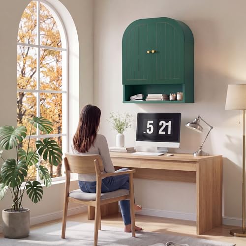 Arched Wall Mounted Medicine Cabinet, 23.5" Bathroom Cabinet with Double Doors, Fluted Grooved Design & Soft-Close Hinges, Over the Toilet Storage with Adjustable Shelf for Small Spaces (Green)