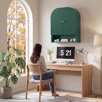 Arched Wall Mounted Medicine Cabinet, 23.5" Bathroom Cabinet with Double Doors, Fluted Grooved Design & Soft-Close Hinges, Over the Toilet Storage with Adjustable Shelf for Small Spaces (Green)