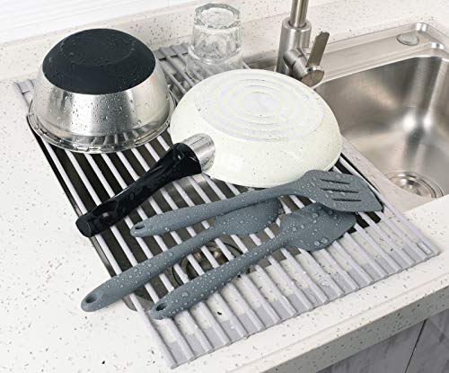 20.5 x 13.1 Inch Roll-Up Dish Drying Rack, Fits Across Sink Openings up to 19.5 Inches, Heavy-Duty Premium Silicone, Strong Support, Non-Slip, Heat-Resistant, Warm Gray - size: 20.5" x 13.1"