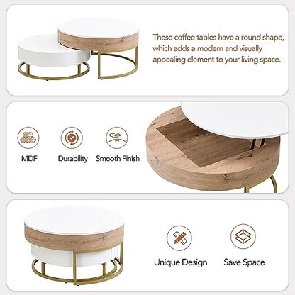 Modern Round Lift-top Nesting Coffee Tables with 2 Drawers for Living Room White & Natural - color: Oak Natural Wood + Antique White