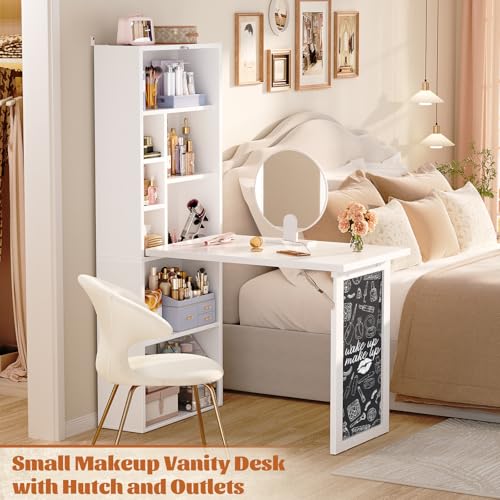 Small Folding Desk with Outlets, Fold-Out Murphy Desk Craft Table | Foldable Wall Mounted Desk Cabinet with Storage, Craft Cabinet with Fold Out Table, Multi-Function Desk for Small Spaces - color: White