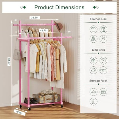 Lutown-Teen Metal Clothes Rack with Lockable Wheels, Double Rods, Pink | Clothing Rack Heavy Duty with Storage Rods, 150 LB Capacity Garment Rack, Easy Assembly - color: Pink, size: Double Rods
