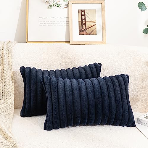 Uhomy Faux Fur Plush Throw Pillow Covers 12x20 Pack of 2 Luxury Super Soft Fluffy Striped Decorative Pillow Covers for Sofa, Bed, Couch, Living Room, Navy Blue 30x50 cm - color: Navy Blue, size: 20" x 12" (Pack of 2)