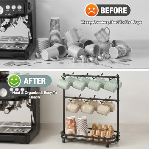 Coffee Mug Holder for Countertop, 14 Hooks Metal Coffee Cup Holder Rack | Mug Tree Stand with Storage Base for K Cup Coffee Pod Paper Cups Tea Bag, 2 Tier, Black - color: 2-Tier