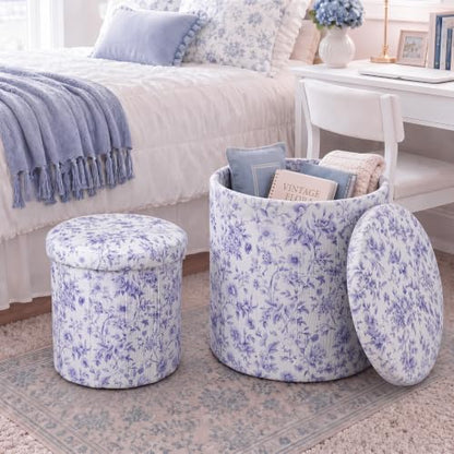 Geetery 2 Pcs Dorm Ottoman with Storage Set Blue Floral Ottoman | Vanity Stool with Storage for Bedroom Coffee Table Small Coquette Foot Stool for Girls Living Room College Dorm Essentials - style: Blue and White Flowers Pattern