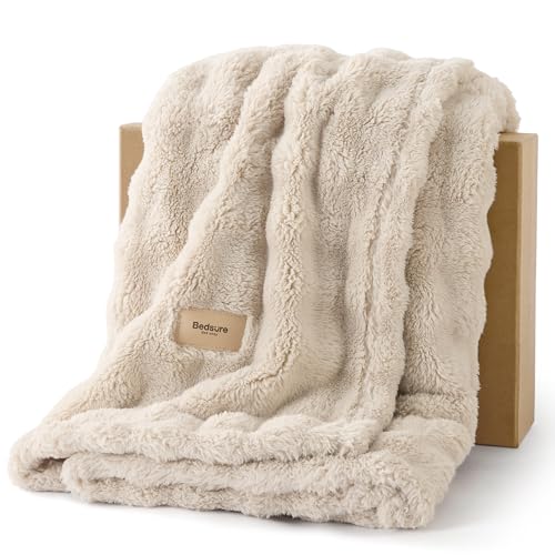 Bedsure 3D Fleece Bubble Blanket for Couch - GentleSoft Beige Twin Blanket for Sofa Bed Room Decor - Luxury Soft Cozy Gifts for Women, Lightweight, All Seasons, Beige, 60"×80" - color: 04 Beige, size: Twin (60" X 80")