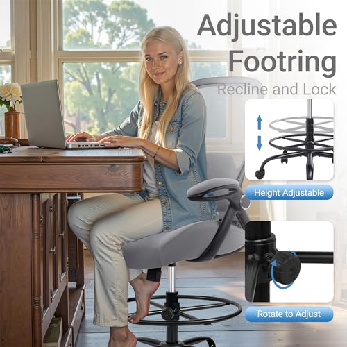 400lbs Heavy Duty Drafting Chair 5" Thickened Seat Office Chair with Flip-Up Armrests Tall Ergonomic Computer Chair with Lumbar Support and Adjustable Footrest Ring Standing Desk Chair(Grey) - color: Dark Drey