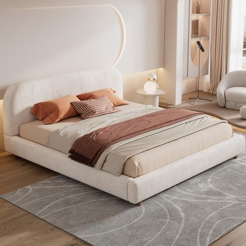 Curve-Shaped Upholstered Platform Bed with Curved Shaped Headboard, King Size Wood Frame for Kids Adults Bedroom Furniture, Boucle Fabric Thick Fabric Upholstered Grounded - color: White-5, size: King