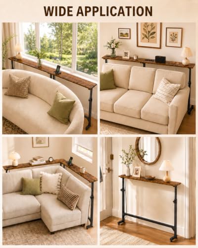 2Pack Behind Couch Table w/Charging Station Narrow Console Table | Adjustable Height(23.6"-31.9"), 5.9"Wx78.8"L, Slim Long Sofa Table, 2 Power Outlets, for Living Room, Entryway, Rustic Brown