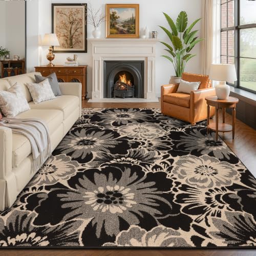 Findosom Washable Area Rug 6x9, Non Slip High-Low Textured Floral Rugs for Living Room with Rubber Backing, Boho Carpet for Bedroom, Kitchen, Entryway, Laundry, Black & Beige - color: Black/Beige, size: 6' x 9'