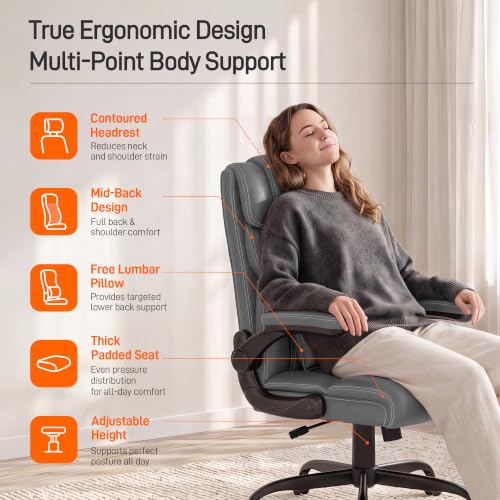 Office Chair, Executive Mid-Back Computer Desk Chair with Flip-up Armrests | 300 Lbs Ergonomic Leather Swivel PC Chair with Rock Function for Working Studying (Gray) - color: Grey