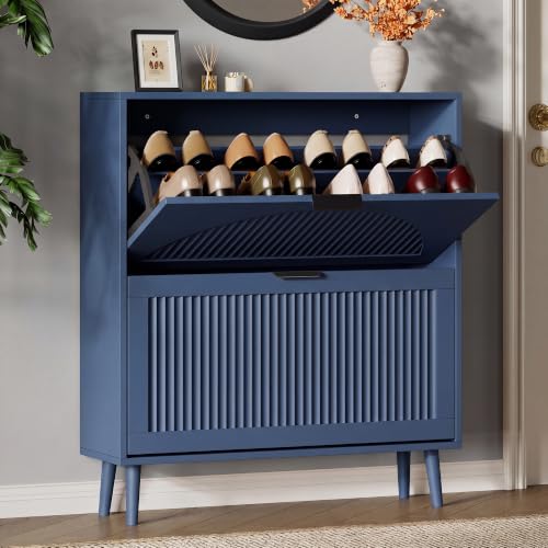 Xixini Shoe Storage Cabinet with 2 Flip Drawers, 36" Tall Narrow Wood Fluted Shoe Organizer for Entryway, Freestanding Wooden Hidden Slim Shoe Rack for Front Door Entrance, Hallway, Foyer, Navy Blue - color: Navy Blue, size: 2 Flip Drawers