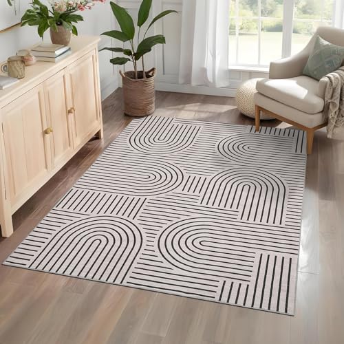 ROYHOME Modern Washable Rug Rainbow 3x5 Area Rugs for Living Room Non Slip | Abstract Rug for Bedroom, Throw Rugs with Rubber Back, Low Pile Stain Resistant Geometric Carpet for Playroom Dorm LightCamel - color: Light Camel, size: 3' x 5' (Rectangular)