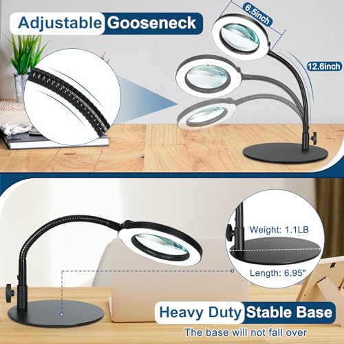IVMAIE 12X Magnifying Glass with Light, Real Glass Lens, 5 Color Mode | Flexible Gooseneck Magnifier with Stand, LED Lighted Dimmable Desk Lamp Hands Free for Crafts Painting Reading Close Work - color: Black