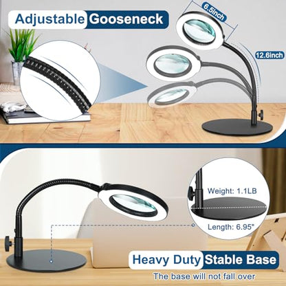 IVMAIE 12X Magnifying Glass with Light, Real Glass Lens, 5 Color Mode | Flexible Gooseneck Magnifier with Stand, LED Lighted Dimmable Desk Lamp Hands Free for Crafts Painting Reading Close Work - color: Black