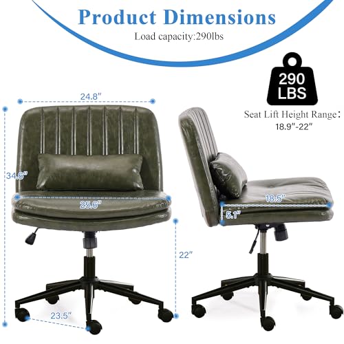 TUNYI Criss Cross Chair with Wheels Armless Wide Cross Legged Office Chair Swivel Height Adjustable Computer Task Vanity Chair with Pillow for Home Office, Dressing Room (Dark Green) - color: Dark Green