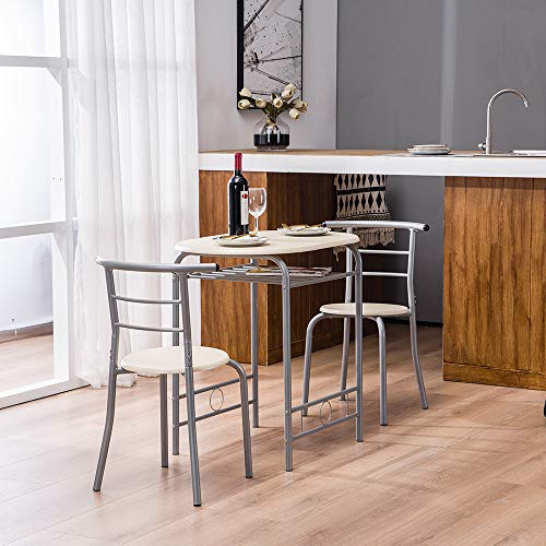 VINGLI 3 Piece Dining Set, Small Kitchen Table Set for 2, Breakfast Table Set, Kitchen Wooden Table with 2 Chairs for Small Space/Dining Room/Apartment, Metal Frame, Wine Rack, Beige - color: Beige