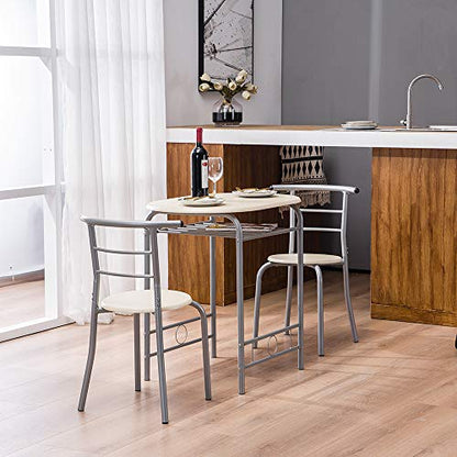 VINGLI 3 Piece Dining Set, Small Kitchen Table Set for 2, Breakfast Table Set, Kitchen Wooden Table with 2 Chairs for Small Space/Dining Room/Apartment, Metal Frame, Wine Rack, Beige - color: Beige