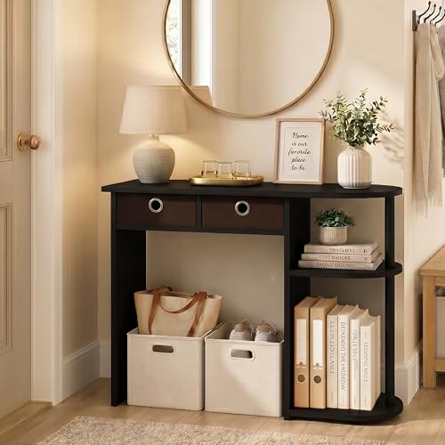 Furinno Jaya 32-Inch Black Entryway Table with 2 Fabric Drawers, Console Table with Open Shelves, Behind Sofa Couch Tables, for Living Room, Entryway, Hallway, Espresso - color: Espresso/Black/Brown