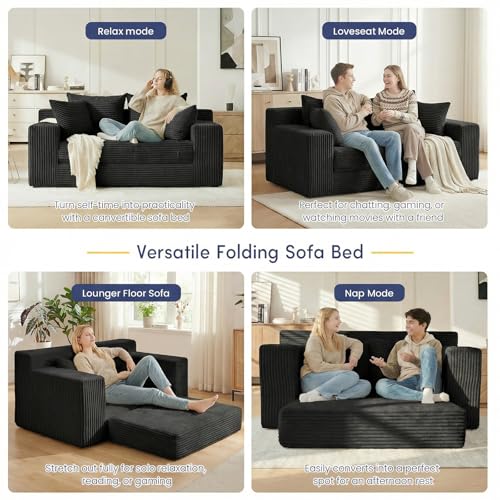 cidludto Boneless Couch Loveseat Sleeper, Convertible Sofa Bed Folding Couch Bed Foldable, 2 in 1 Boneless Chair Bed & Futon Sofa Bed, Small Pull Out Sofa with 4 Pillows for Living Room, Black - color: Black, size: Loveseat-55''