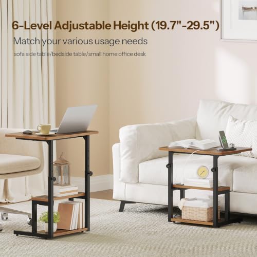HOOBRO C-Shaped End Table, Adjustable Height Side Table with Power Strip | Couch Table with 20.5"L x 15"W Spacious Desktop, TV Tray Table with Storage Shelves for Living Room, Sofa Chair, Rustic Brown - color: Rustic Brown + Black