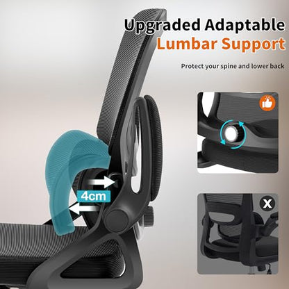 Ergonomic Office Chair,Mesh Office Chair with Lumbar Support,Mid Back Desk Chair with Flip-up Arms,400 lbs Comfy Computer Chair for Home Office - color: Black