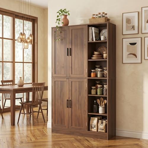 holzart 63" Tall Kitchen Pantry Cabinet, Freestanding Dining Room Storage Hutch with 4 Doors and Adjustable Shelves, Modern Utility Cupboard for Coffee Bar and Microwave, Brown - color: Brown