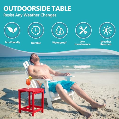 Hdpe Outdoor Adirondack Side Table, Wooden Textured, Red | Bathroom and Indoor, Maintenance & Weather Resistant, End TableSet for Patio, Garden, Backyard, 18.6×14.17×18.18 in - color: Red