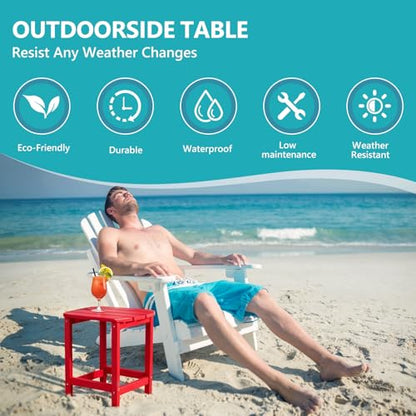 Hdpe Outdoor Adirondack Side Table, Wooden Textured, Red | Bathroom and Indoor, Maintenance & Weather Resistant, End TableSet for Patio, Garden, Backyard, 18.6×14.17×18.18 in - color: Red