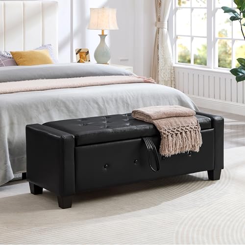 Storage Bench, 48‘’ Upholstered PU Leather Ottoman Bench with Button-Tufted, Folding Bedroom Bench with Wood Legs, Entryway Bench for Bedroom, Black - color: Black