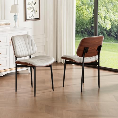 Dining Chairs Set of 2, Mid-Century Modern Upholstered PU Leather Chairs | with Walnut Bentwood Back and Metal Legs Adjustable Feet for Kitchen Dining Room, Off-White Shell Strips - color: Off-white Shell Strips