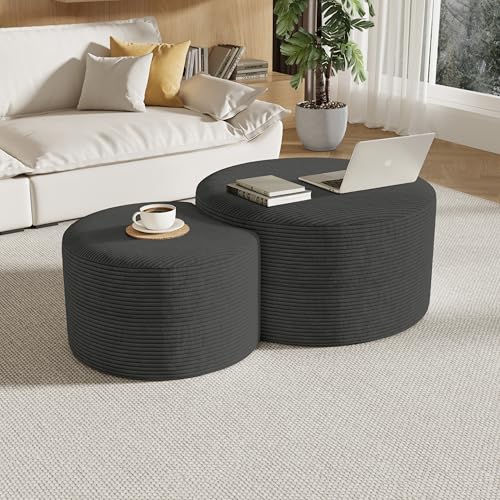 Round Nesting Coffee Table Set of 2,Upholstered Foam Ottoman Footrest Side Table Set,Modern Flannel Circle Coffee Table No Assembly for Living Room Entryway Bedroom,Grey - color: Grey