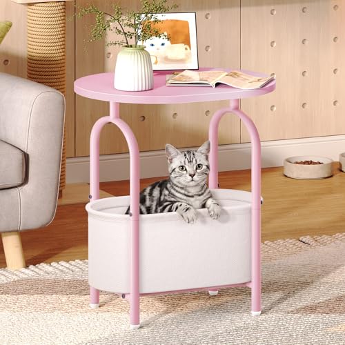 Small Round Side Table with Fabric Basket Storage, Oval End Table for Small Spaces, Modern Coffee Bedside Table, Couch Side Table for Living Room, 15.7" X 11.8" X 24", Pink and White 8601BZPK - color: Pink