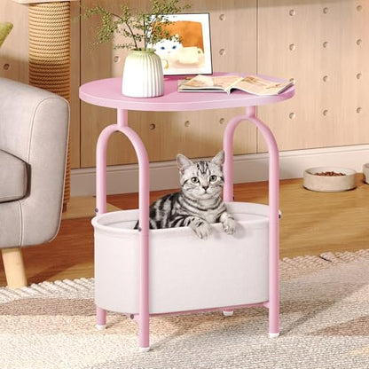 Small Round Side Table with Fabric Basket Storage, Oval End Table for Small Spaces, Modern Coffee Bedside Table, Couch Side Table for Living Room, 15.7" X 11.8" X 24", Pink and White 8601BZPK - color: Pink