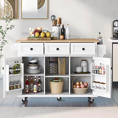 Kitchen Island, Rolling Kitchen Cart with Drop Leaf Top | Drop leaf countertop expands prep and serving space, folds down to save room in compact kitchens or dining areas - color: White + Mdf + Rubber Wood