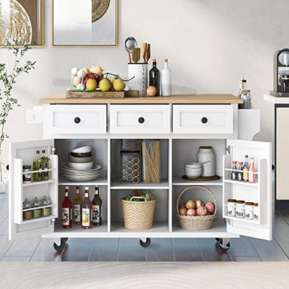 53'' Rolling Kitchen Island with Storage, Large Kitchen Cart On Wheels with Drop Leaf & Power Outlet & Drawers, Mobile Kitchen Table with 3 Drawers, for Dining Room (White) - color: White