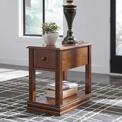 Signature Design by Ashley Breegin Narrow Chairside End Table | Rich dark brown wood veneers, Deep storage drawer with removable PVC tray, Compact 13-inch width fits tight spaces - color: Medium Brown