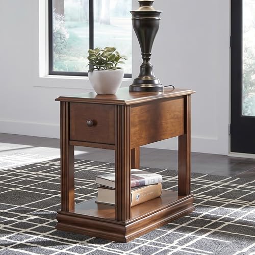 Signature Design by Ashley Breegin Narrow Chairside End Table | Rich dark brown wood veneers, Deep storage drawer with removable PVC tray, Compact 13-inch width fits tight spaces - color: Medium Brown