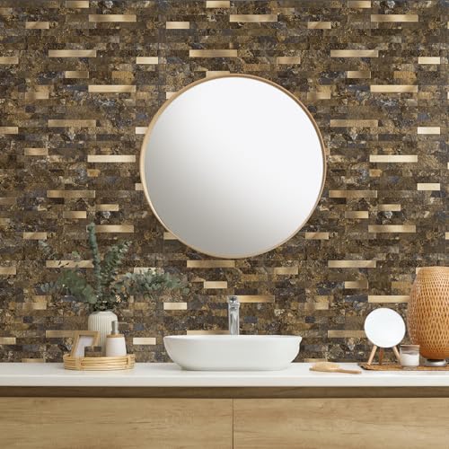 StyloVue 20 Sheets Peel and Stick Backsplash for Kitchen, Rust Slate with Metal Gold Look Stick on Tile Upgrade Your Kitchen Backsplash, RV, Fireplace - color: Rust Slate With Metal Gold